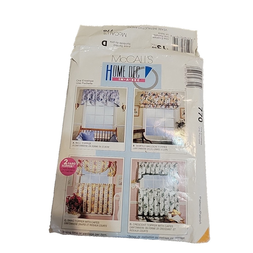 McCall's 770 HOME DECOR Uncut CAFE CURTAINS Bell & Balloon‎ Toppers Valances